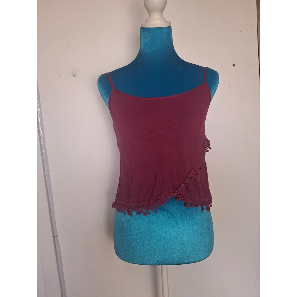 American RagCie Womens Maroon Crochet Lace Trim Faux Wrap Cami TopSmall Burgundy